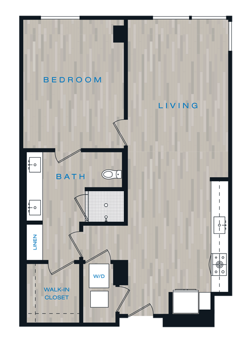 Floor plan for 1 bed, 1 bath, 737 sqft
